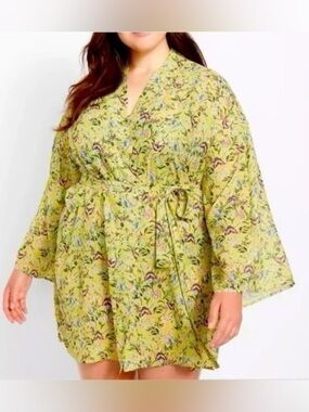 Cacique Lane Bryant Size 18/20 Green Floral Tie Front Kimono Chiffon Robe NWT